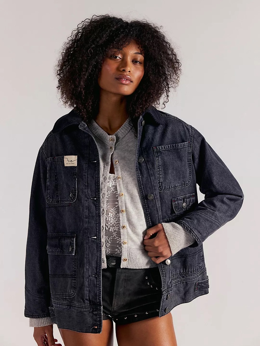 FP We The Free Sweet Talk Denim Barn Coat Black Extra Small New With Tags